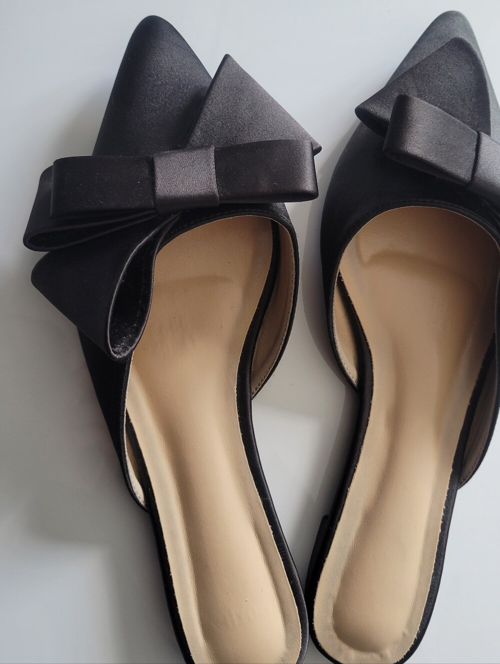 Pointed Toe Black Satin Flats with Bow